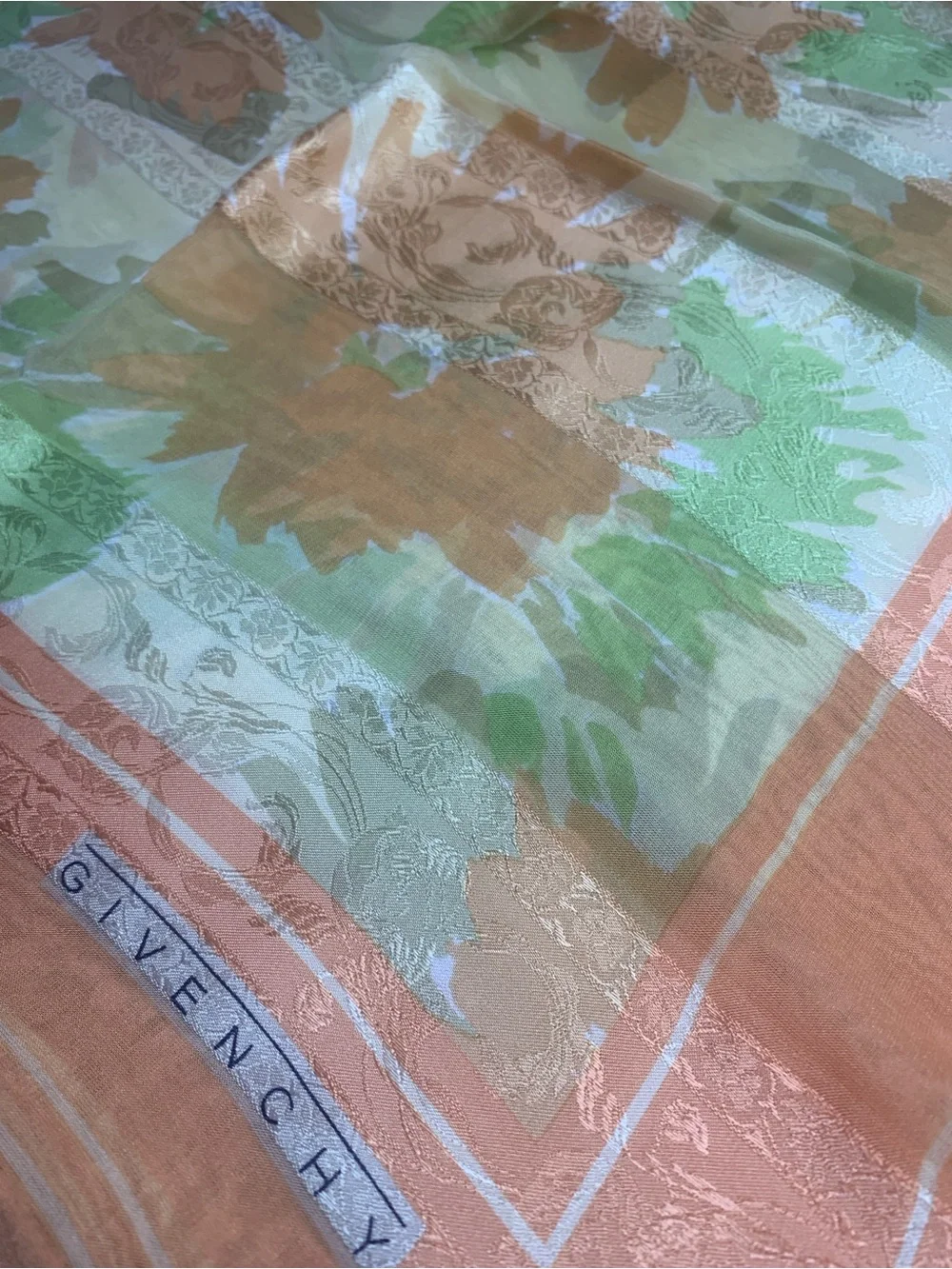 Givenchy Peach Green Floral Silk Scarf